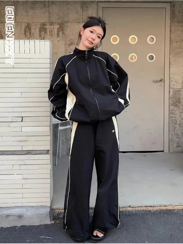 Black Joggers Set Women Jacket Pant Street Hip Hop Tracksuit