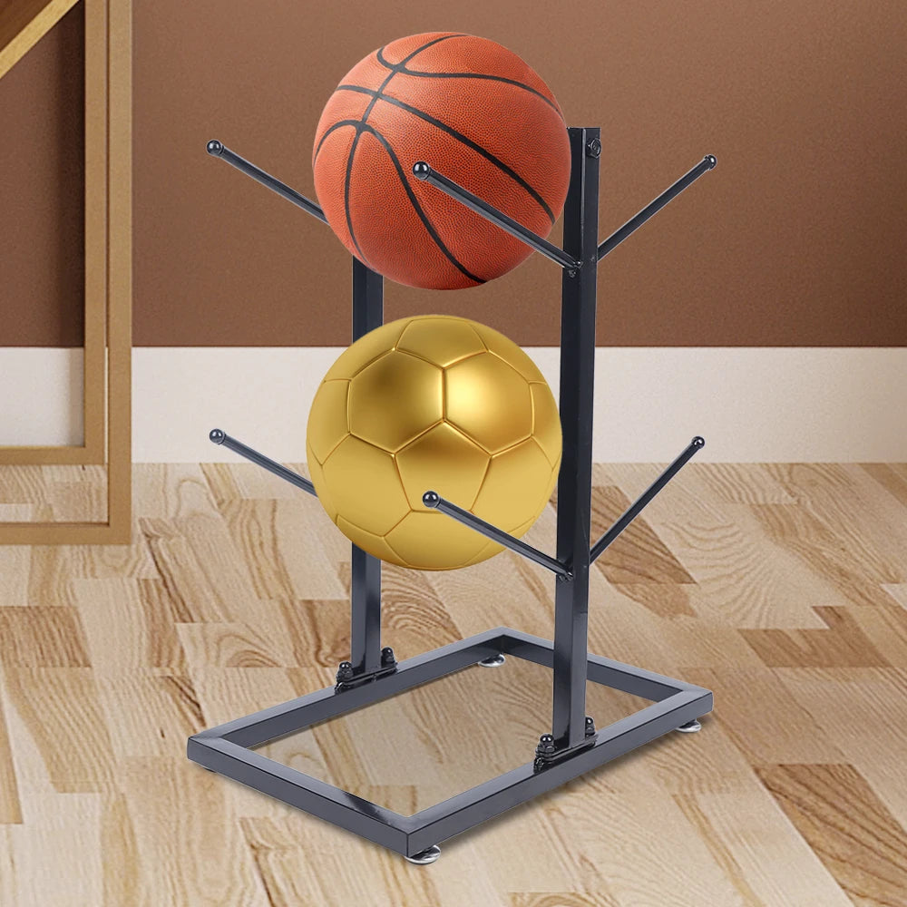 Double Sided Ball Storage Rack, Metal Basketball Stand, 2-Layer